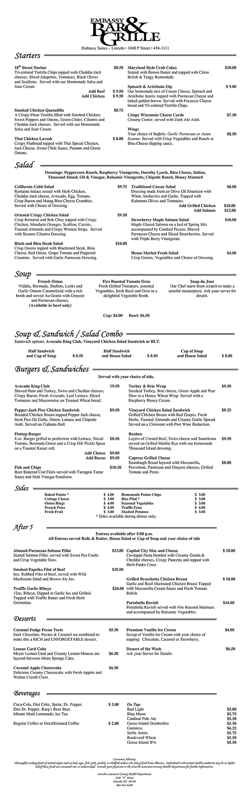 Embassy Bar & Grille Menu Lincoln Nebraska - Page 1